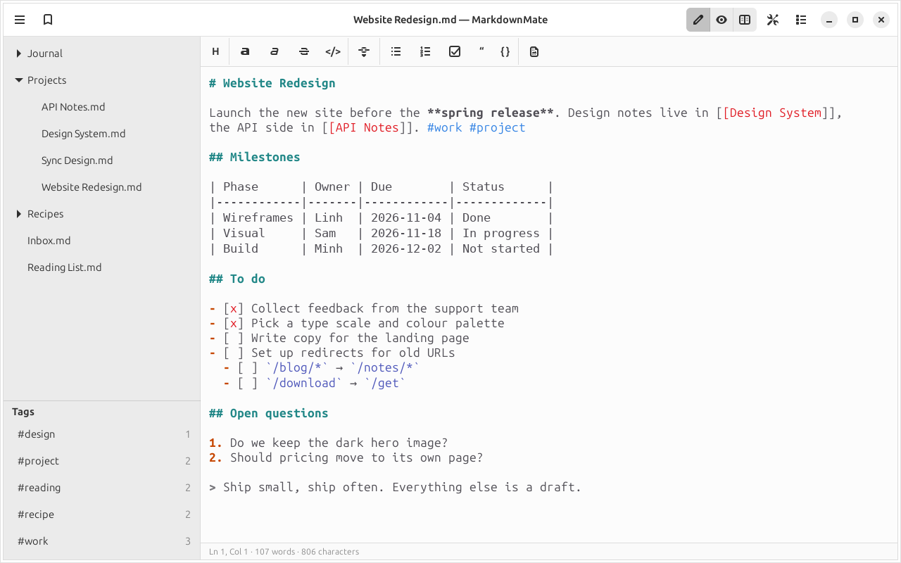 The note folder in the sidebar, tags below it, and the Markdown editor