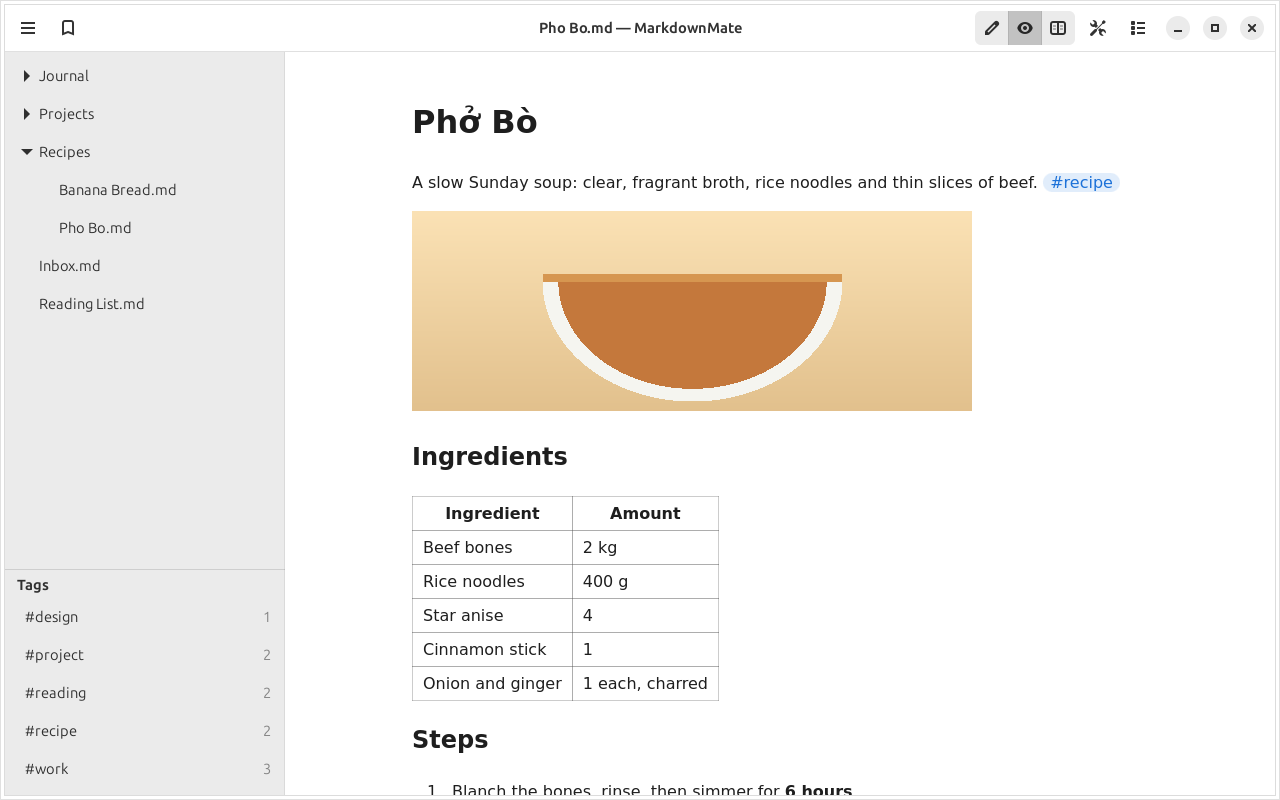 The preview of a recipe note with an image, a tag and a table