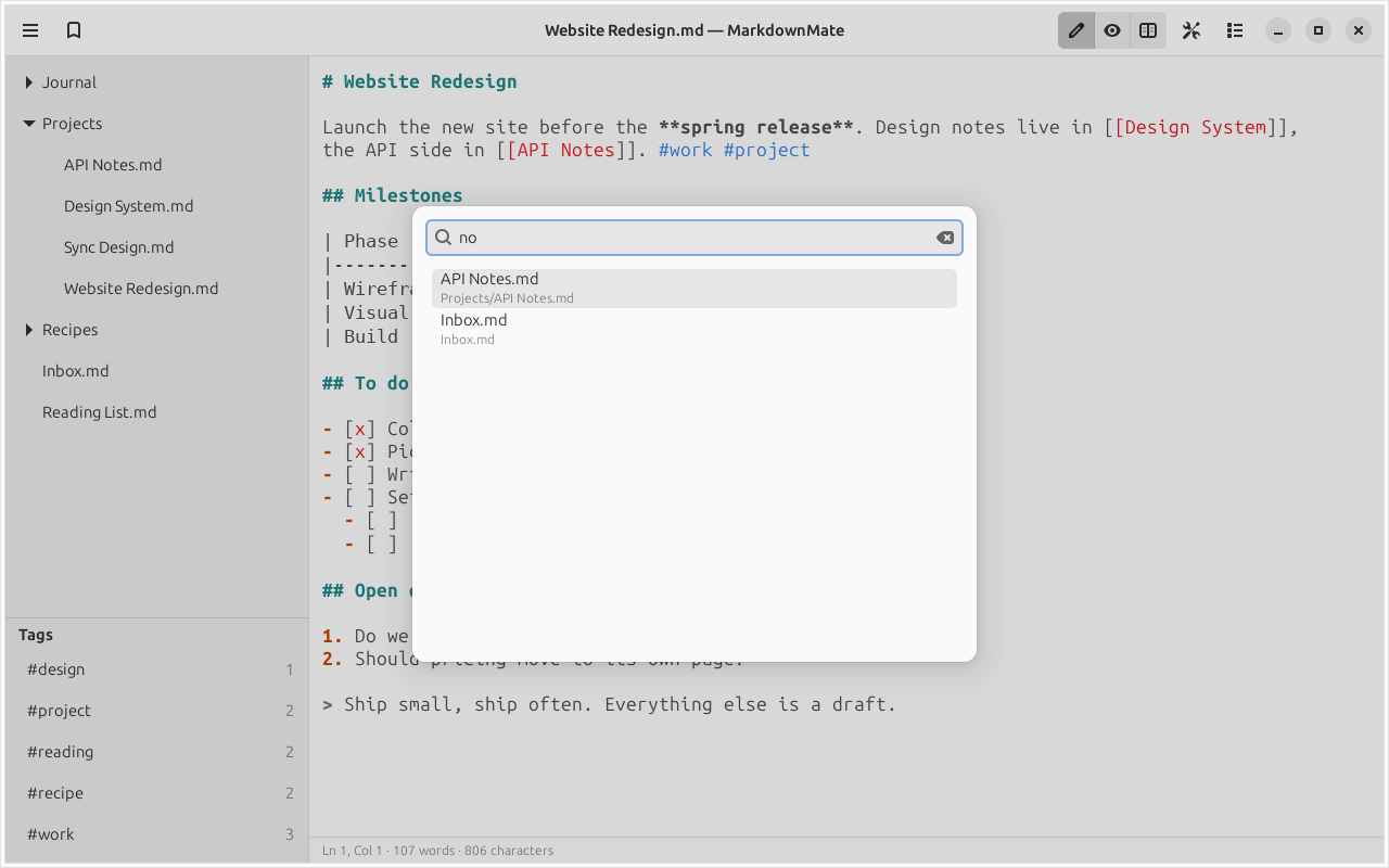 Open Quickly listing the notes that match what you type