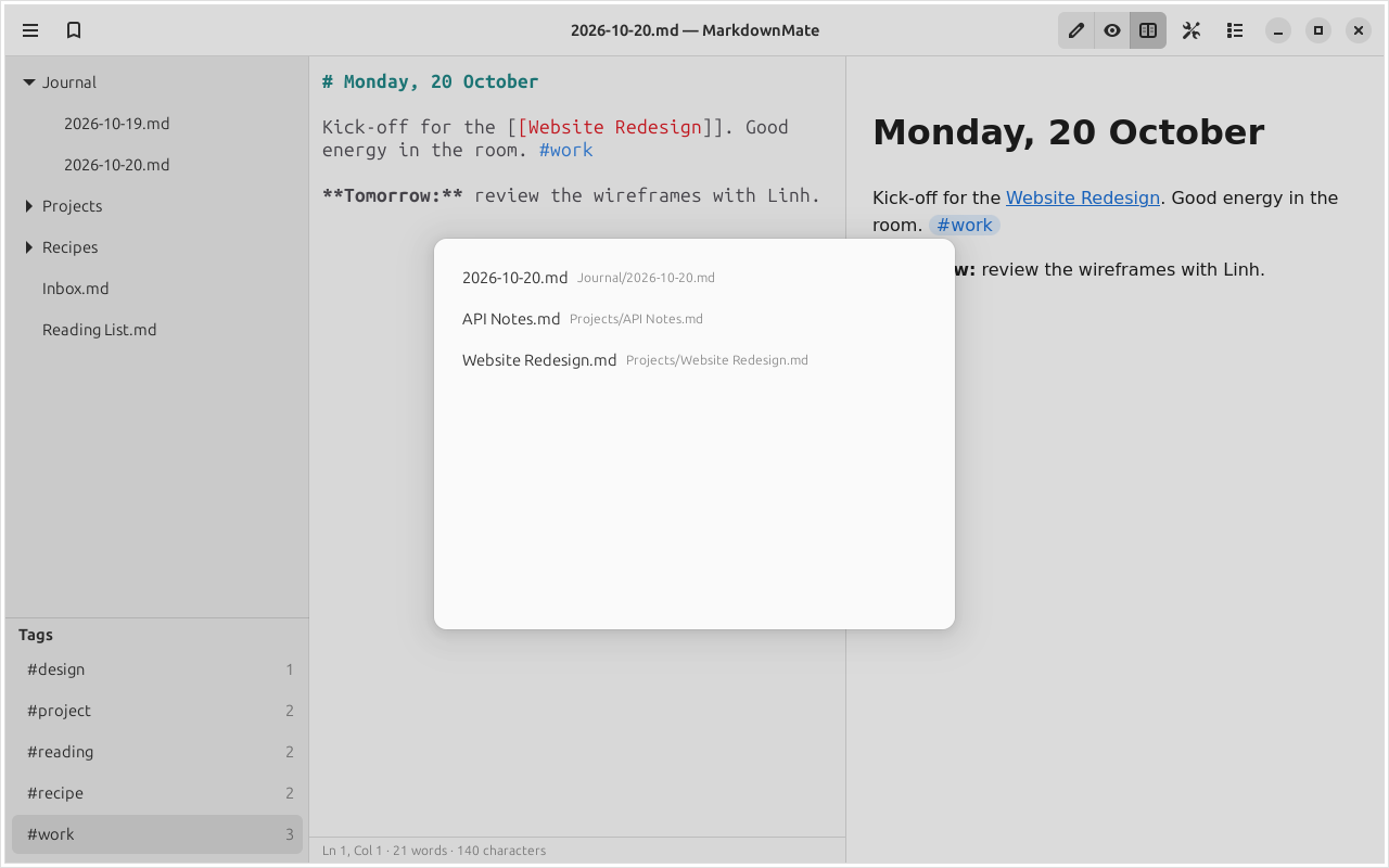 The notes tagged #work, listed after clicking the tag in the sidebar