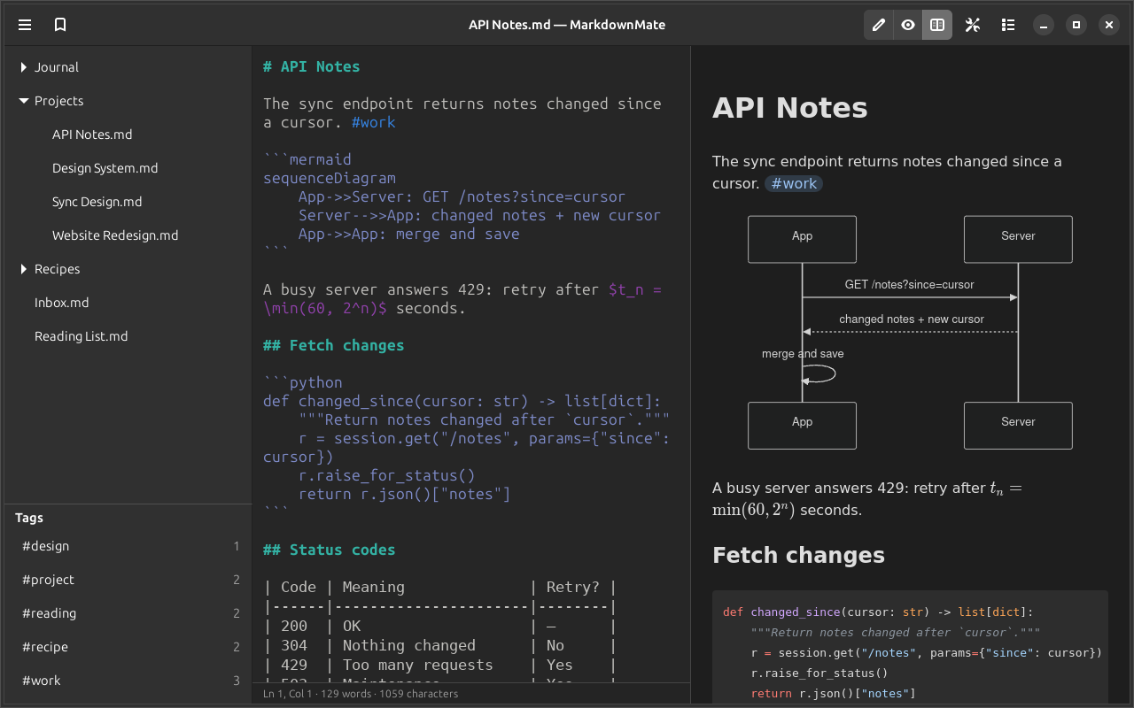 The dark style with highlighted code and a table in the editor and the preview