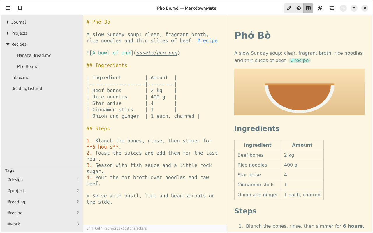The Solarized Light style, showing a recipe note and its preview